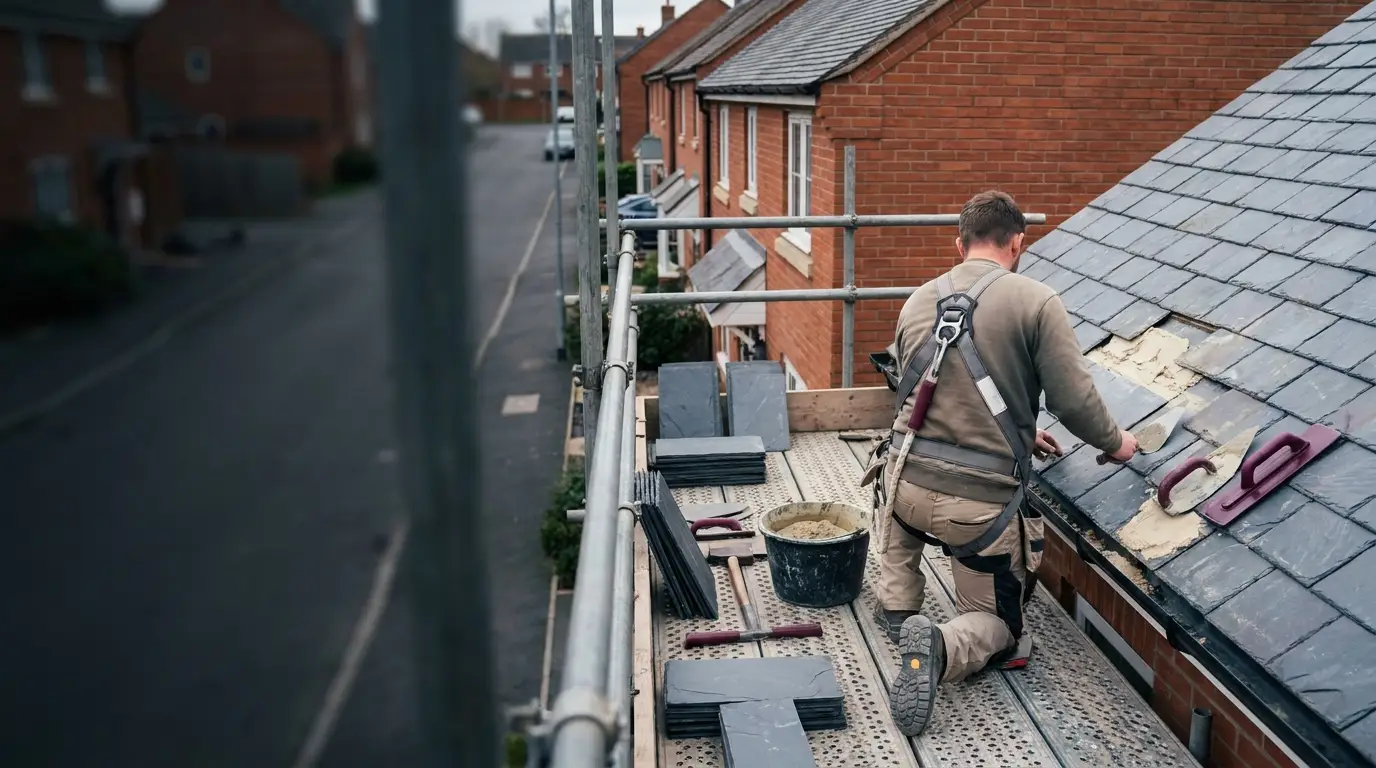 Roofer working on a slate roof above a Staffordshire street