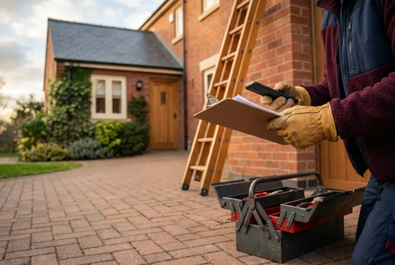 Roofer with clipboard and tools outside a red-brick home