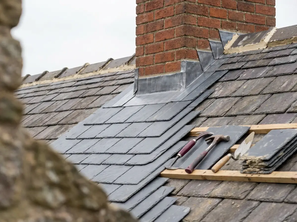 Close-up of slate roof repairs, chimney flashing and roofing tools